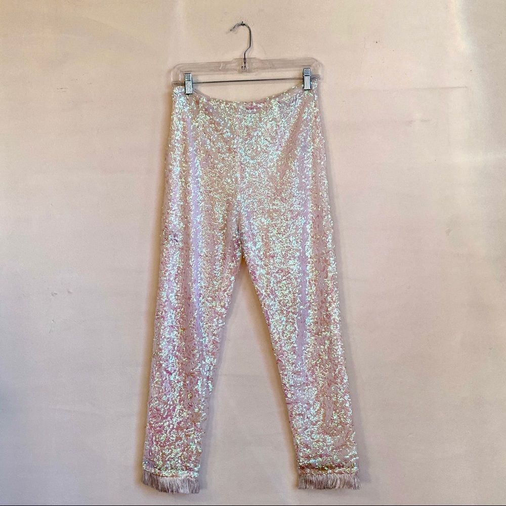 HOLOGRAPHIC RAINBOW SEQUIN ZIP HIGH RISE PANTS